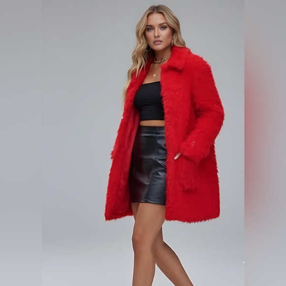 Red Fuzzy Coat With Pockets - Picture 4 of 11